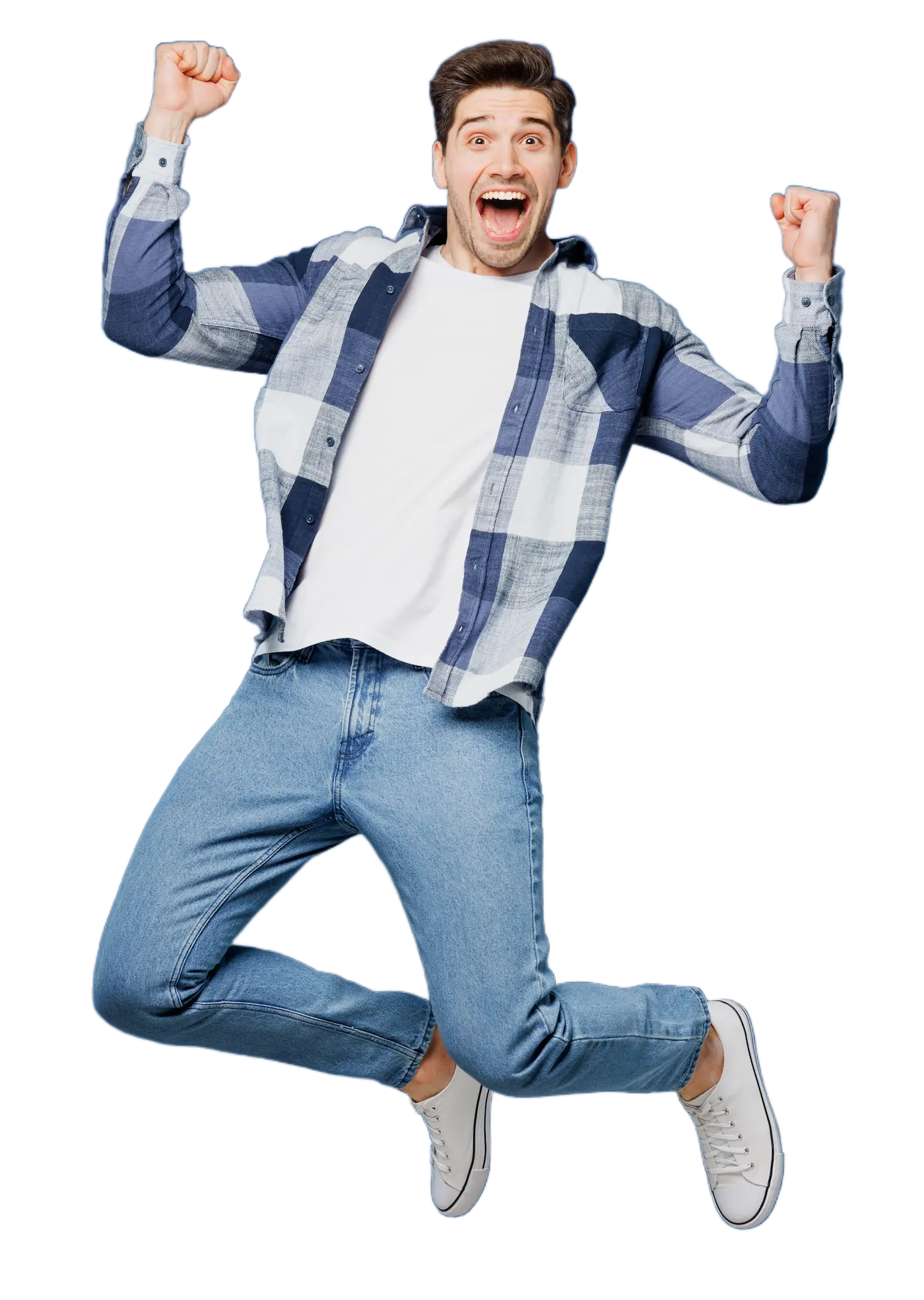 A joyful man jumps with arms raised, celebrating Uone’s exciting giveaways.