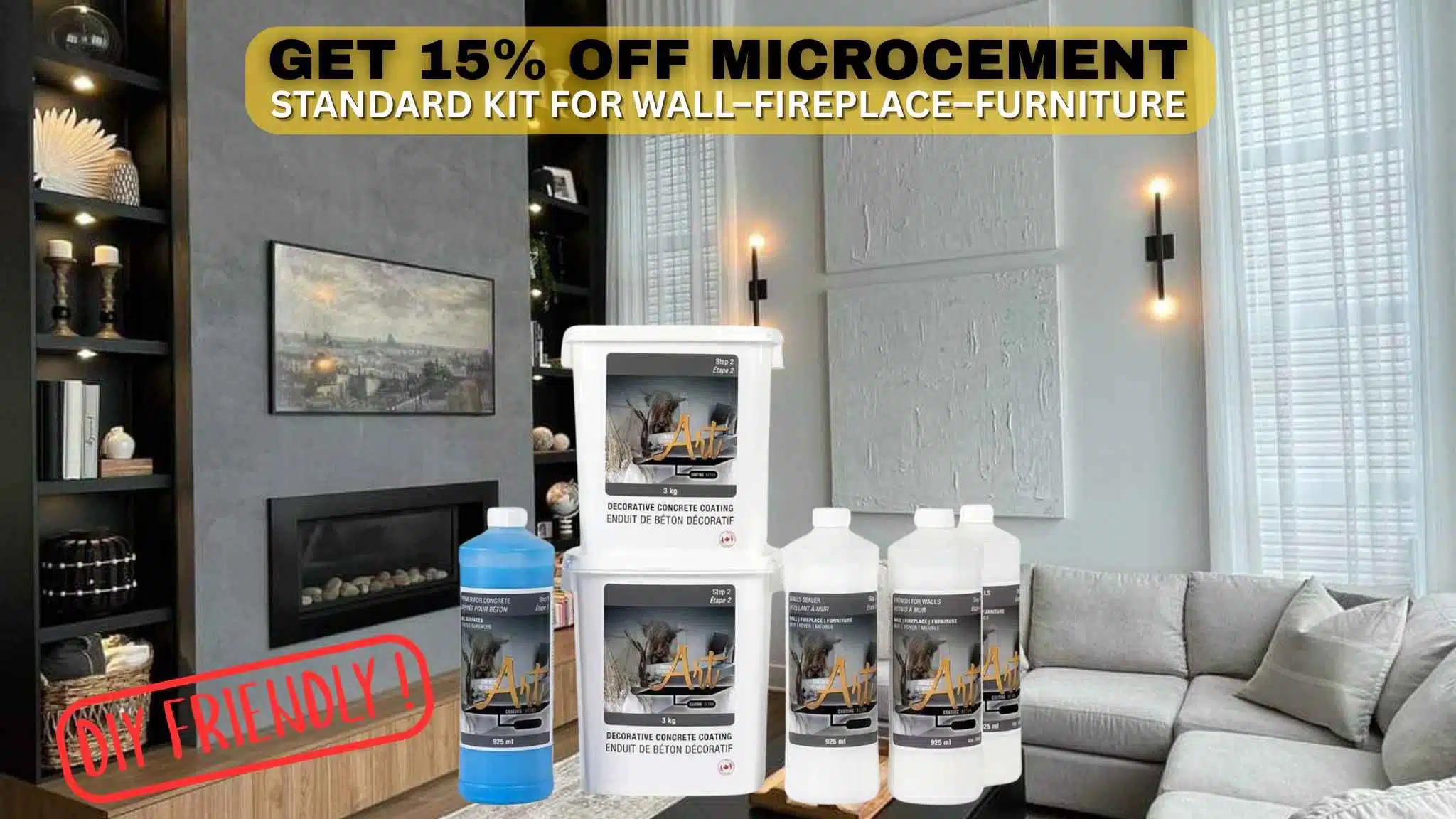 Get 15% off microcement kit for wall fireplace furniture